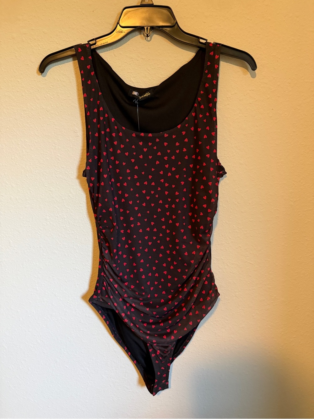 NWT Black Bodysuit with Pink Heart Print - Stylish Women's Tank Bodysuit.Sz.L